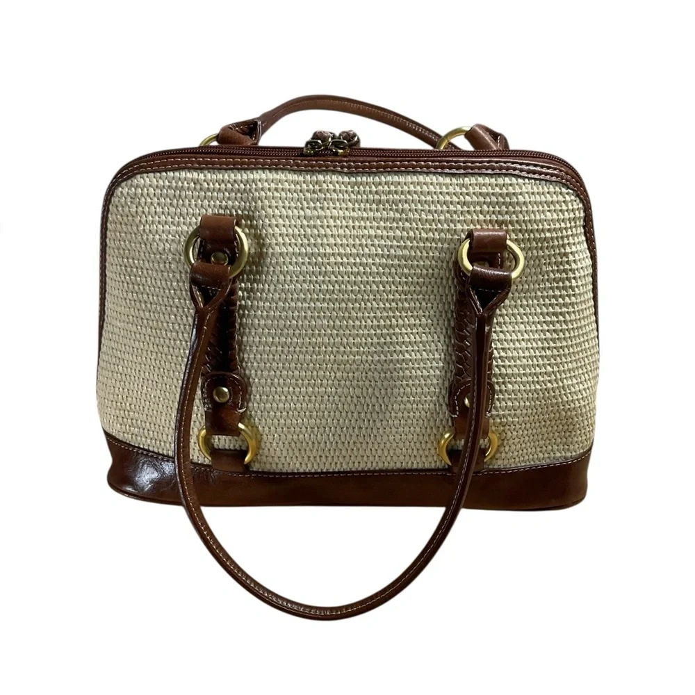 Giani Bernini Off-White Straw Top Handle Brown Leather Accent Satchel Purse Bag